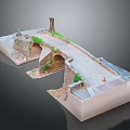 Detailed Arch Bridge Model with Stone Arched Design Green Plants Tower and White Base