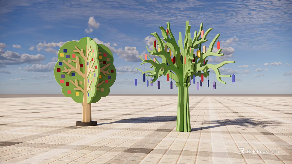 Colorful Decorated Arbor With Hanging Elements Against Blue Sky And Brick Paved Ground 3d model 