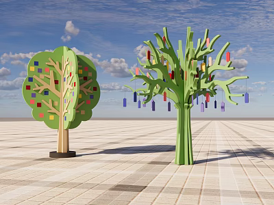 Colorful Decorated Arbor With Hanging Elements Against Blue Sky And Brick Paved Ground 3d model
