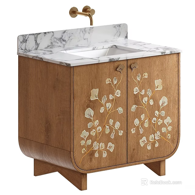 Elegant Wooden Bathroom Vanity With Marble Countertop And Mother of Pearl Inlay Leaf Patterns 3d model 