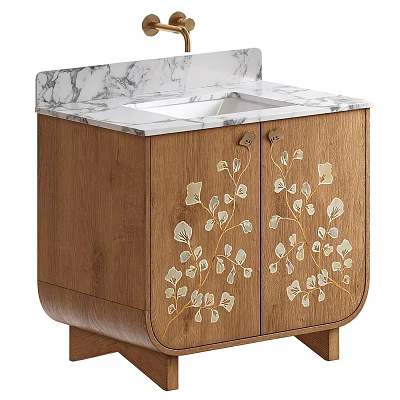 Elegant Wooden Bathroom Vanity With Marble Countertop And Mother of Pearl Inlay Leaf Patterns 3d model