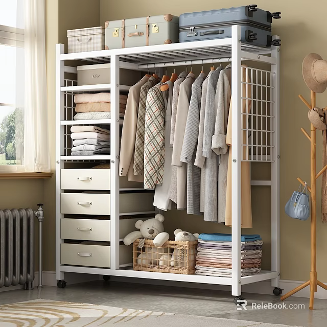 White Wardrobe With Hanging Clothes Folded Clothes Drawers And Storage Baskets 3d model