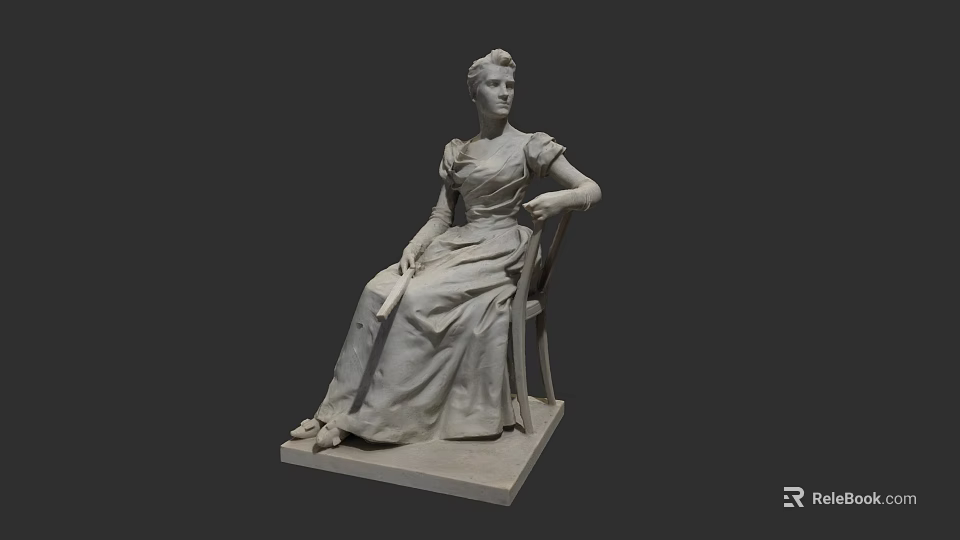 Woman Sitting On Chair In Long Dress Holding Fan Stone Sculpture 3d model 