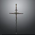 Decorative Weapon With Golden Top Red Accents Curved Hilt And Cross Shaped Design