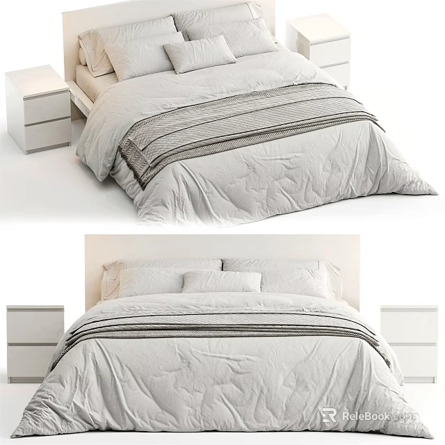 Elegant Double Bed With White Bedding Striped Blanket And White Nightstands 3d model