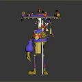 Standing Colorful Character Holding Staff With Decorative Platform And Small Creatures