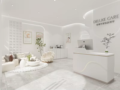 Deluxe Beauty And Hair Salon With Modern Reception Desk Green Plants And Comfortable Seating 3d model