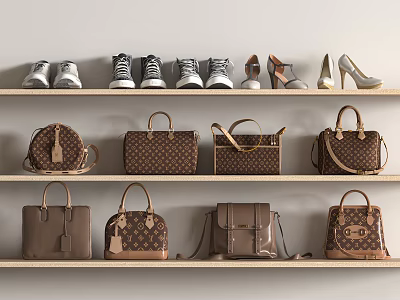 Stylish Assorted Handbags And Different Shoes On Wooden Shelves Display Collection 3d model