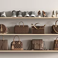 Stylish Assorted Handbags And Different Shoes On Wooden Shelves Display Collection