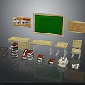 Classroom Scene Components With Green Blackboard Bulletin Board Desks Chairs Books And Cabinet