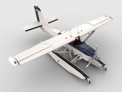 Detailed Blue And White Building Block Seaplane Model With Floats Wings Propeller And Fuselage 3d model