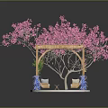 Outdoor Pergola with Pink Flowering Tree Green Plant Wall Sofa Blue Decorations on Stone Pavement