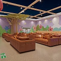 Kids Activity Room Interior With Brown Sofas Colorful Murals Flowers Butterflies Trees And Mushroom Decorations