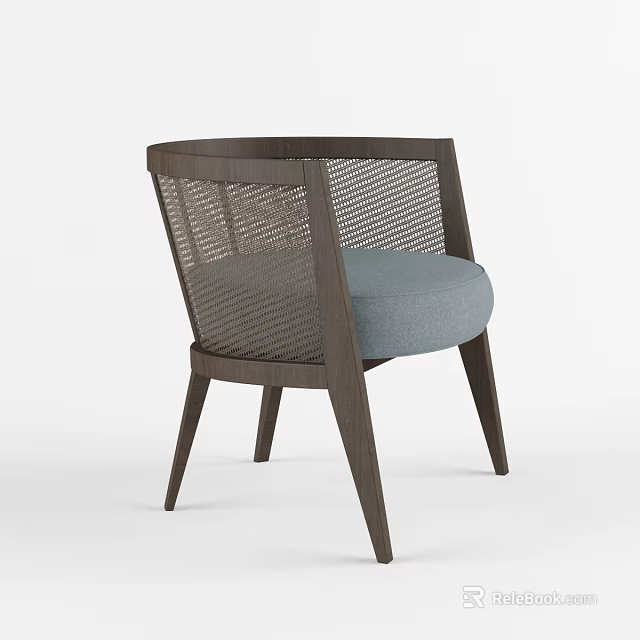 Modern Armchair With Wooden Frame Woven Backrest And Light Blue Cushion 3d model 