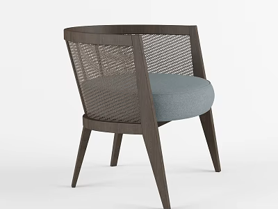 Modern Armchair With Wooden Frame Woven Backrest And Light Blue Cushion 3d model