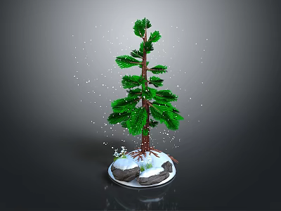 Small Decorative Pine Tree With Snow Covered Base And Falling Snowflakes 3d model