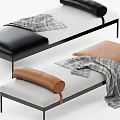 Sofa Bench With Navy Blue Seat Brown Leather Bolster Plaid Blanket And Black Metal Legs