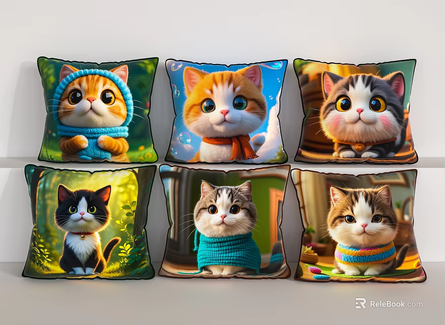 Cute Cartoon Cat Decorative Pillows With Various Outfits And Colorful Backgrounds 3d model 