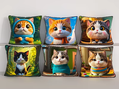 Cute Cartoon Cat Decorative Pillows With Various Outfits And Colorful Backgrounds 3d model