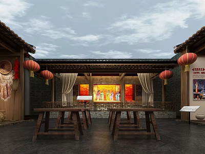 Ancient Chinese Architecture Courtyard With Red Lanterns Wooden Structures Long Tables And Red Decorative Paintings 3d model