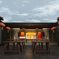 Ancient Chinese Architecture Courtyard With Red Lanterns Wooden Structures Long Tables And Red Decorative Paintings