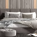 Modern Bedroom Interior Design With Wooden Wall Grey Headboard Bedside Tables Ottoman And Rug