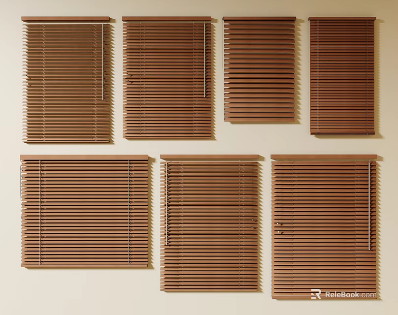 Brown Wooden Window Blinds With Various Styles And Designs For Home Interior 3d model 