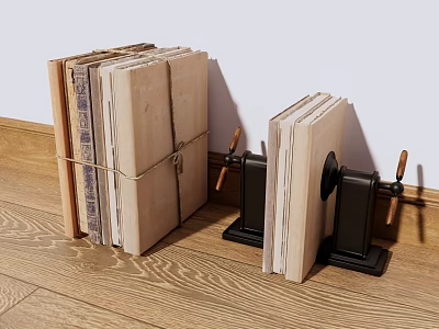 Stacked Books And Magazines Bound With String And Black Bookends On Wooden Floor 3d model