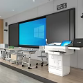 Modern School Classroom With Interactive Large Screen Blackboard And Student Desks