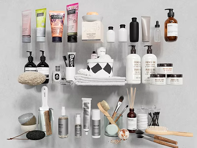 Essential Bathroom Accessories With Lotion Shampoo Bottles Towels Brushes Combs And Sponges 3d model