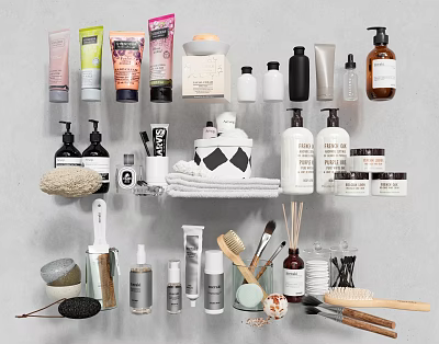 Essential Bathroom Accessories With Lotion Shampoo Bottles Towels Brushes Combs And Sponges 3d model