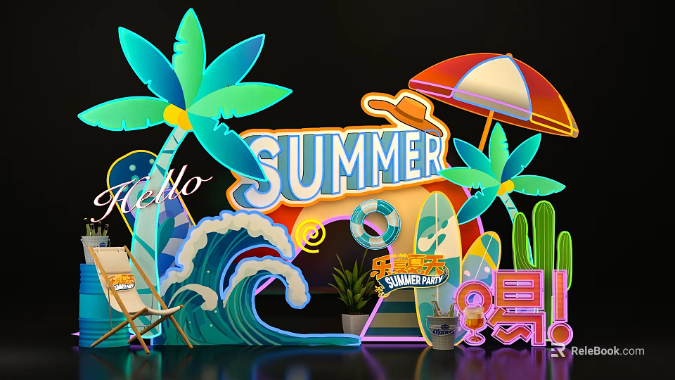 Summer Themed Photo Spot With Palm Trees Umbrella Surfboard Waves And Lounge Chair 3d model 