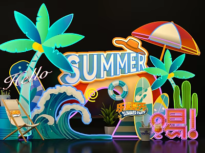 Summer Themed Photo Spot With Palm Trees Umbrella Surfboard Waves And Lounge Chair 3d model
