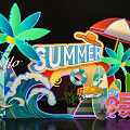 Summer Themed Photo Spot With Palm Trees Umbrella Surfboard Waves And Lounge Chair
