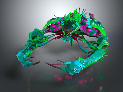 Vibrant Colorful Mythical Creature Character With Green Blue Tentacles And Pink Spikes 3d model