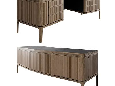 Elegant Modern Wooden Desk With Black Surface Oak Drawers And Slender Legs 3d model