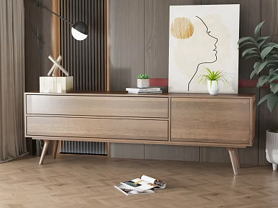 Modern Wooden TV Stand With Decorative Painting Potted Plant And Floor Lamp 3d model