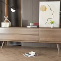 Modern Wooden TV Stand With Decorative Painting Potted Plant And Floor Lamp