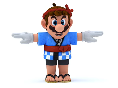 Cartoon Character In Blue Shirt Red Headband Checkered Belt With Open Arms Smiling 3d model