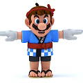 Cartoon Character In Blue Shirt Red Headband Checkered Belt With Open Arms Smiling