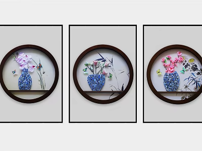 Three Circular Framed Decorative Artworks Featuring Blue White Vases Pink Purple Flowers Bamboo Leaves 3d model
