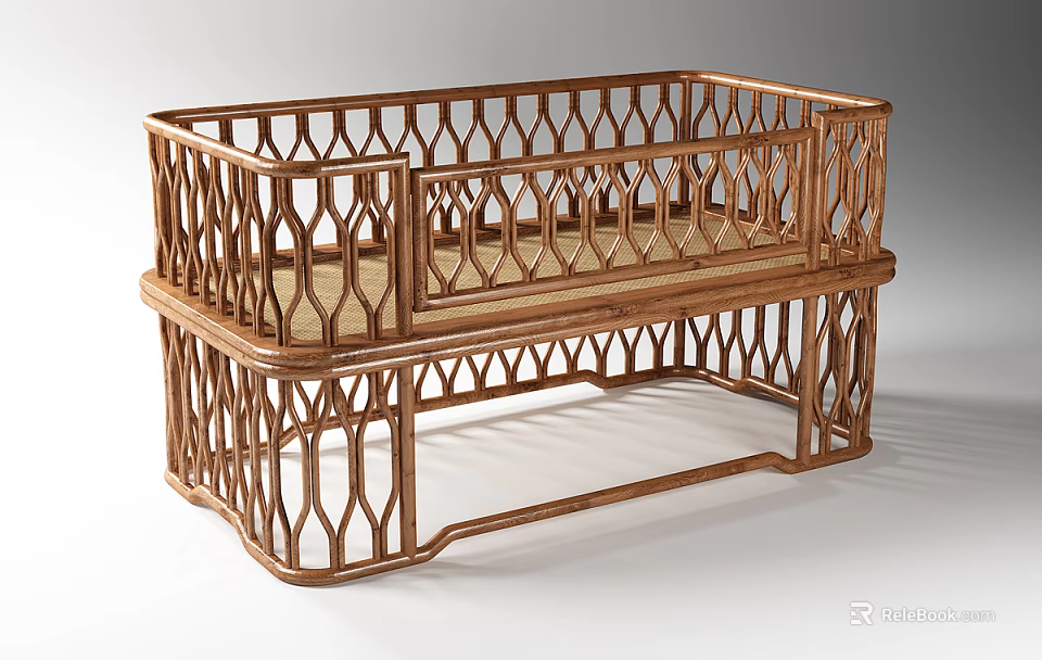 Natural Rattan Baby Crib With Two Tier Structure And Openwork Railings 3d model 