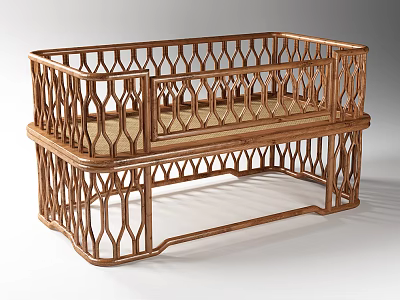 Natural Rattan Baby Crib With Two Tier Structure And Openwork Railings 3d model
