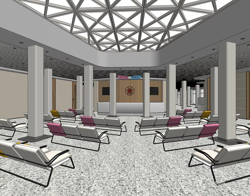 Interior of Service Hall with Waiting Area Comfortable Chairs White Columns and Geometric Ceiling Design 3d model 