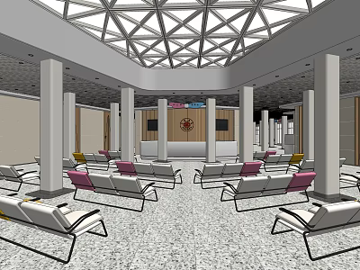 Interior of Service Hall with Waiting Area Comfortable Chairs White Columns and Geometric Ceiling Design 3d model