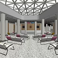 Interior of Service Hall with Waiting Area Comfortable Chairs White Columns and Geometric Ceiling Design