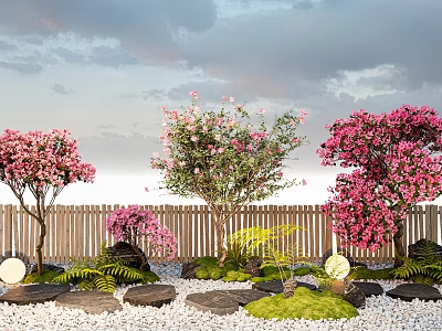 Flowering Trees Ferns And Moss Plant Combination With Wooden Fence Decorative Stones And Sunset Sky 3d model
