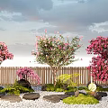 Flowering Trees Ferns And Moss Plant Combination With Wooden Fence Decorative Stones And Sunset Sky