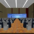 Conference Stage with Blue Background Screen Ceiling Lighting and White Seats on Patterned Carpet 3d model