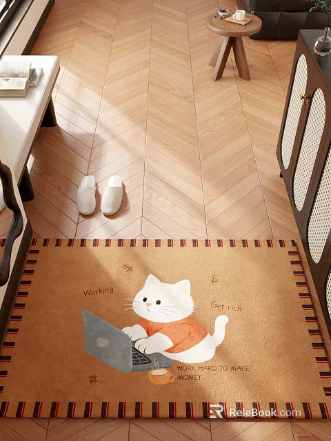 Entryway Hallway Interior With Herringbone Wooden Floor White Slippers And Cat Design Rug 3d model 